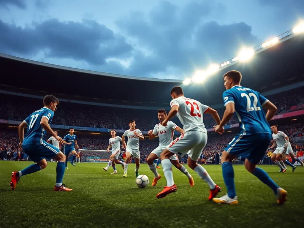 Players contesting the ball during UEFA match Players contesting the ball during UEFA match