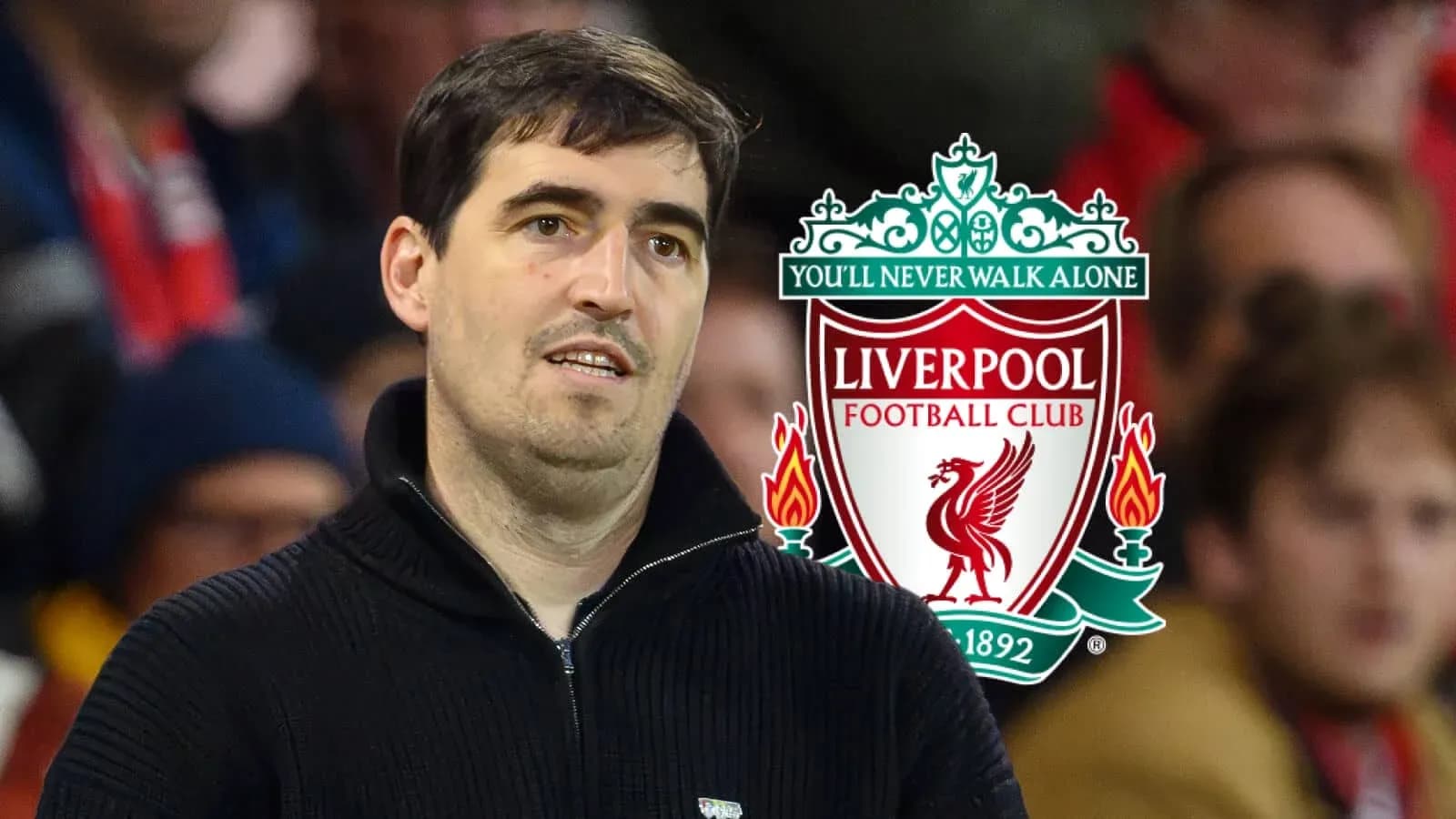 Man observing match with Liverpool logo in background Man observing match with Liverpool logo in background