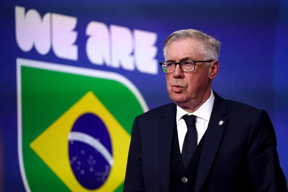 Coach speaking at press conference with Brazil logo Coach speaking at press conference with Brazil logo
