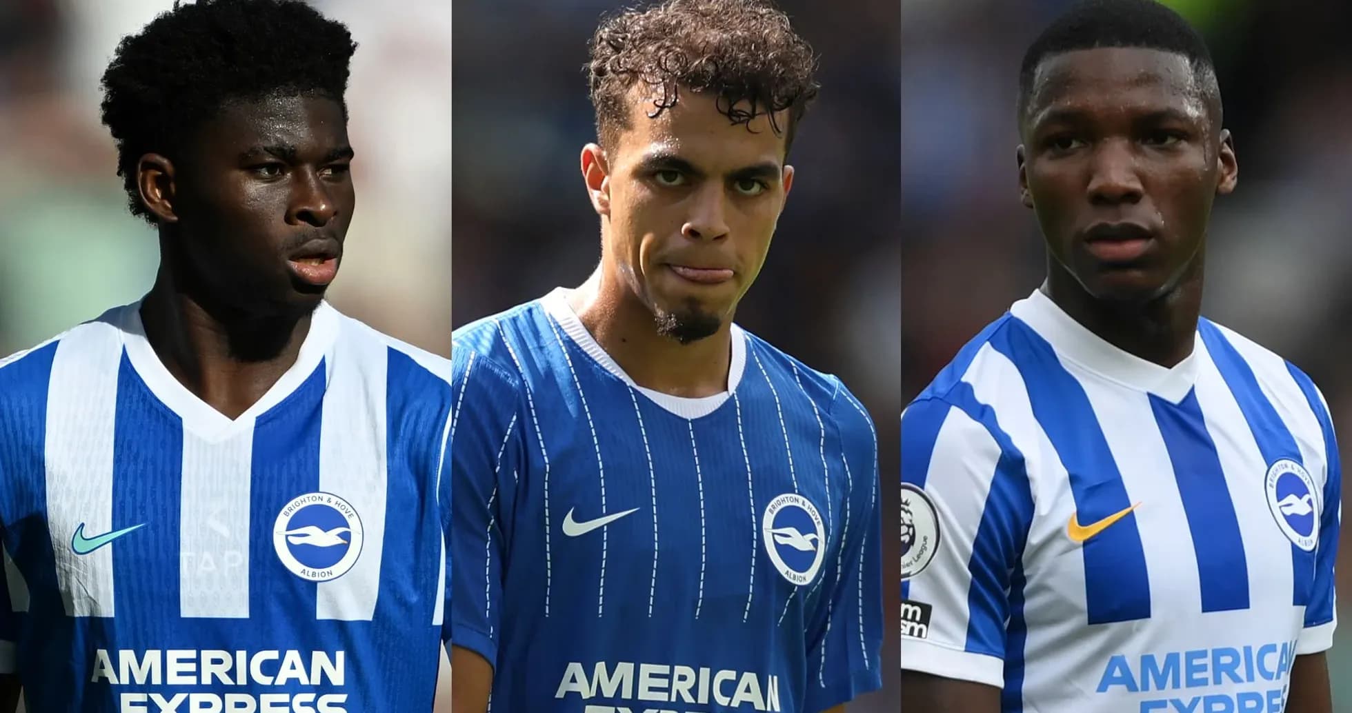 Three Brighton players in blue jerseys on pitch Three Brighton players in blue jerseys on pitch