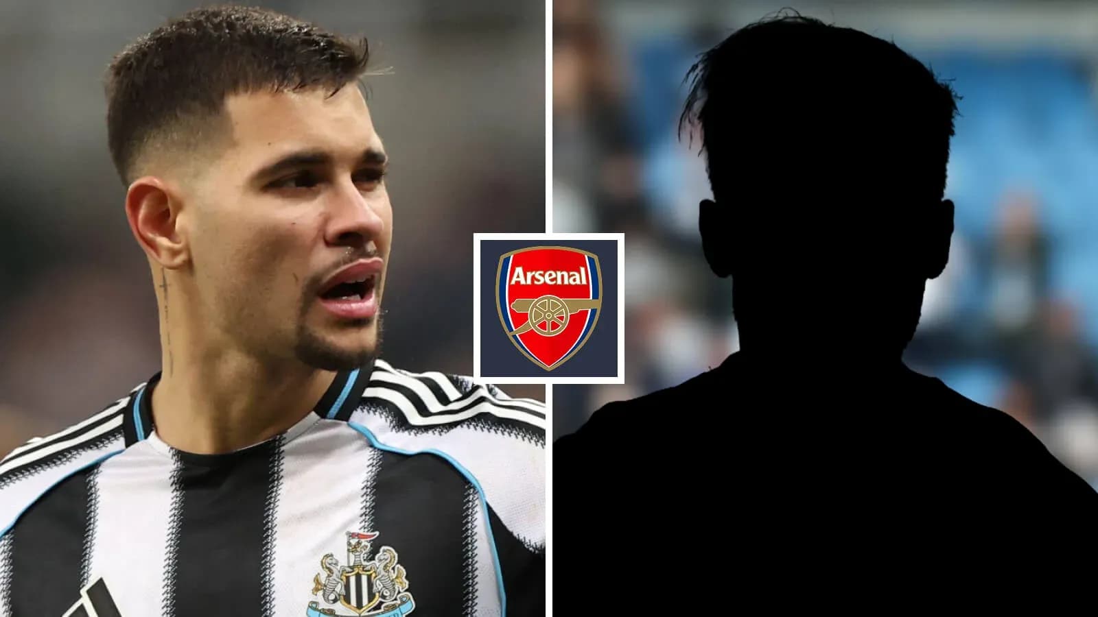 Newcastle player speaking with Arsenal logo overlay Newcastle player speaking with Arsenal logo overlay