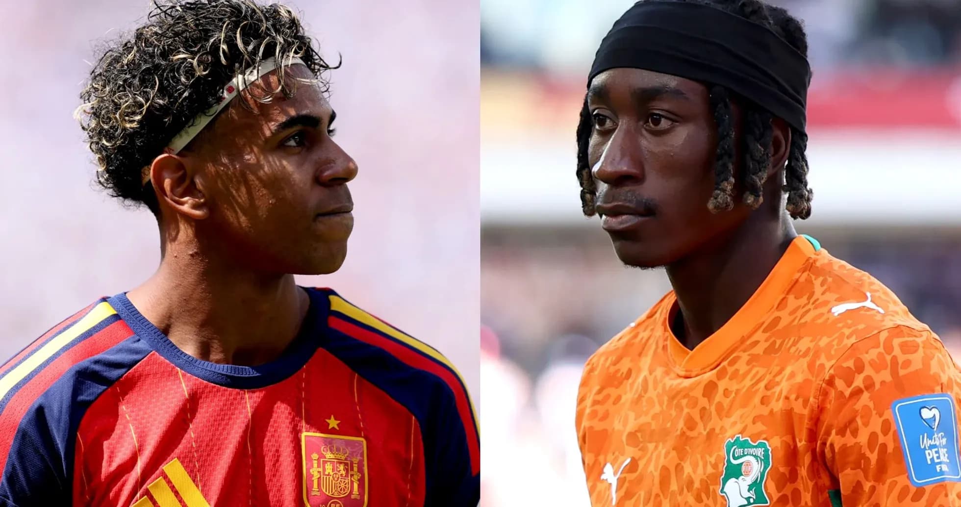 Two players in national team jerseys facing each other Two players in national team jerseys facing each other