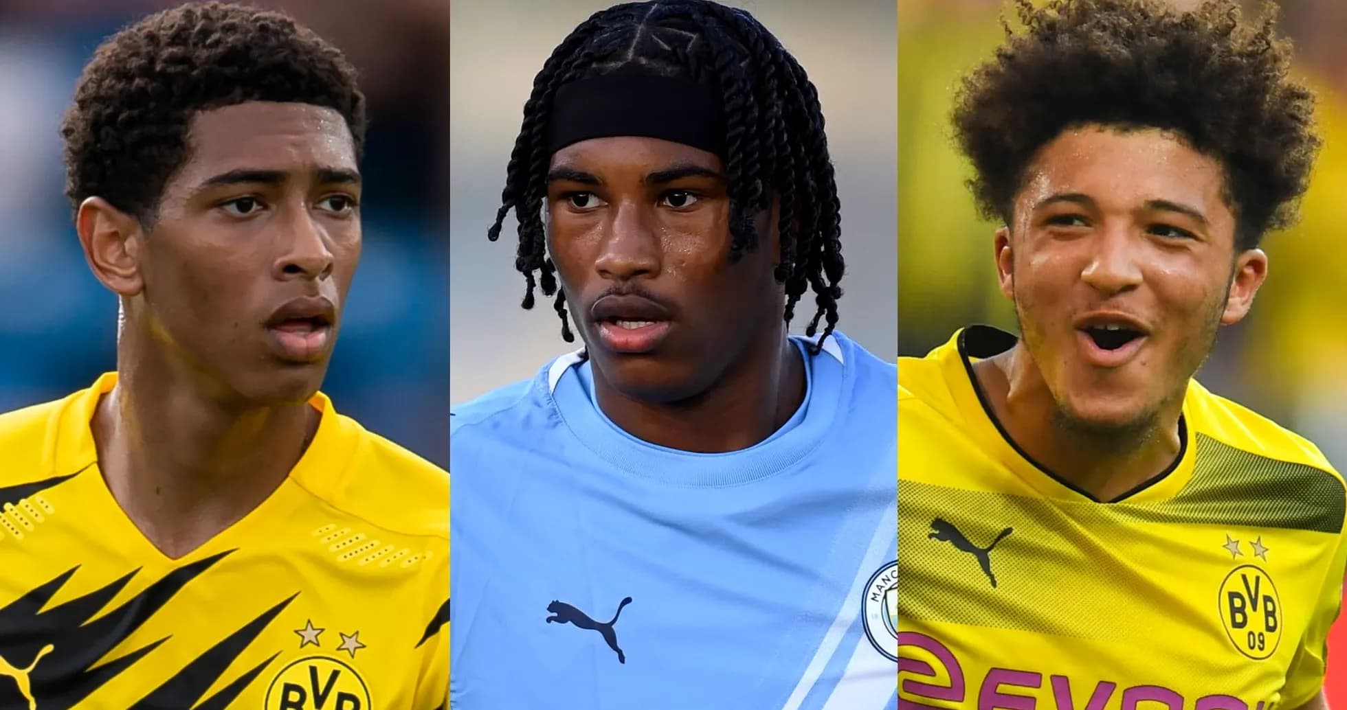 Three football players in club jerseys posing together Three football players in club jerseys posing together