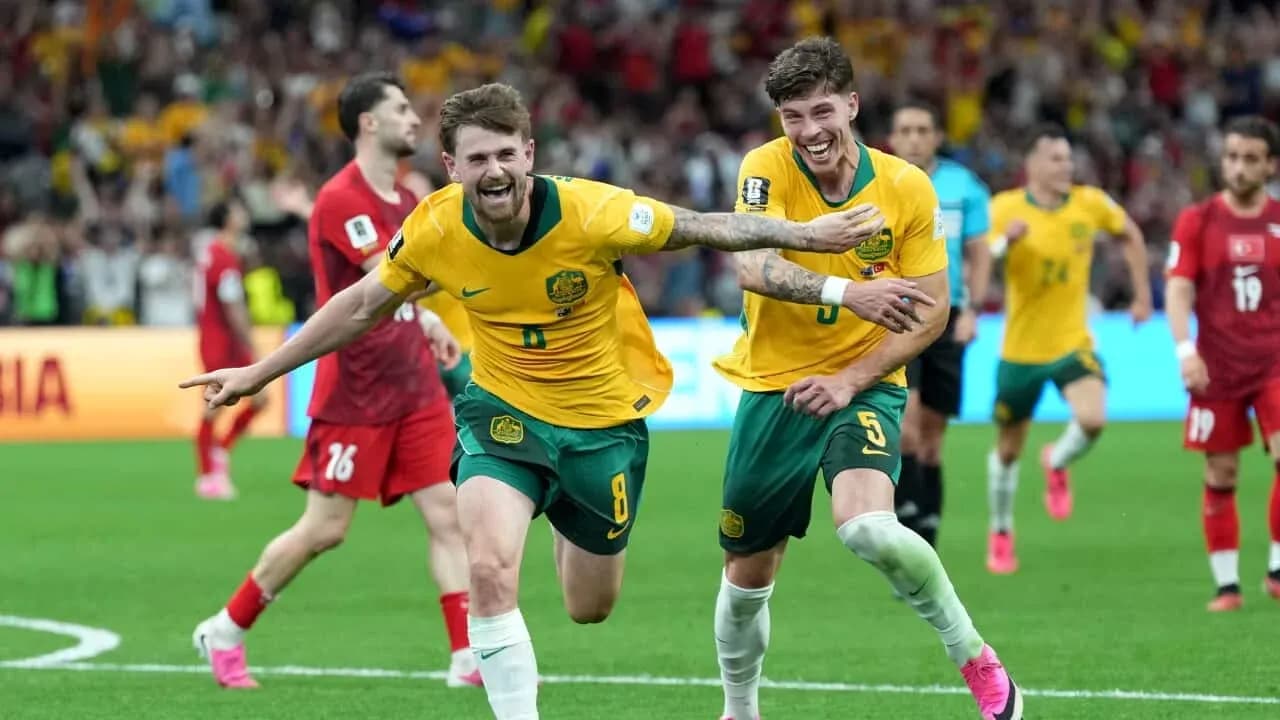 Australian players celebrating a goal against Türkiye Australian players celebrating a goal against Türkiye