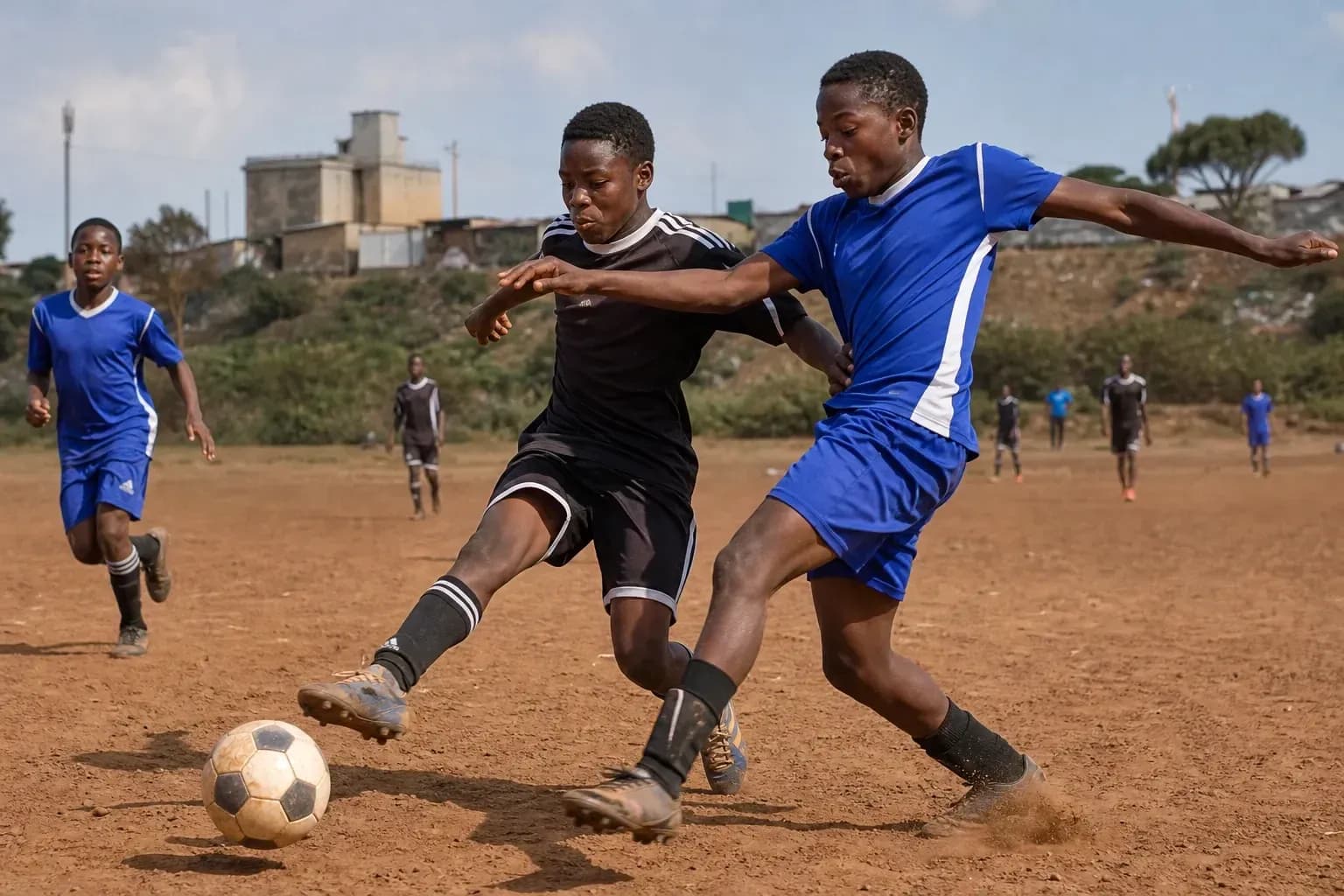 Two players competing for the ball on dirt field Two players competing for the ball on dirt field