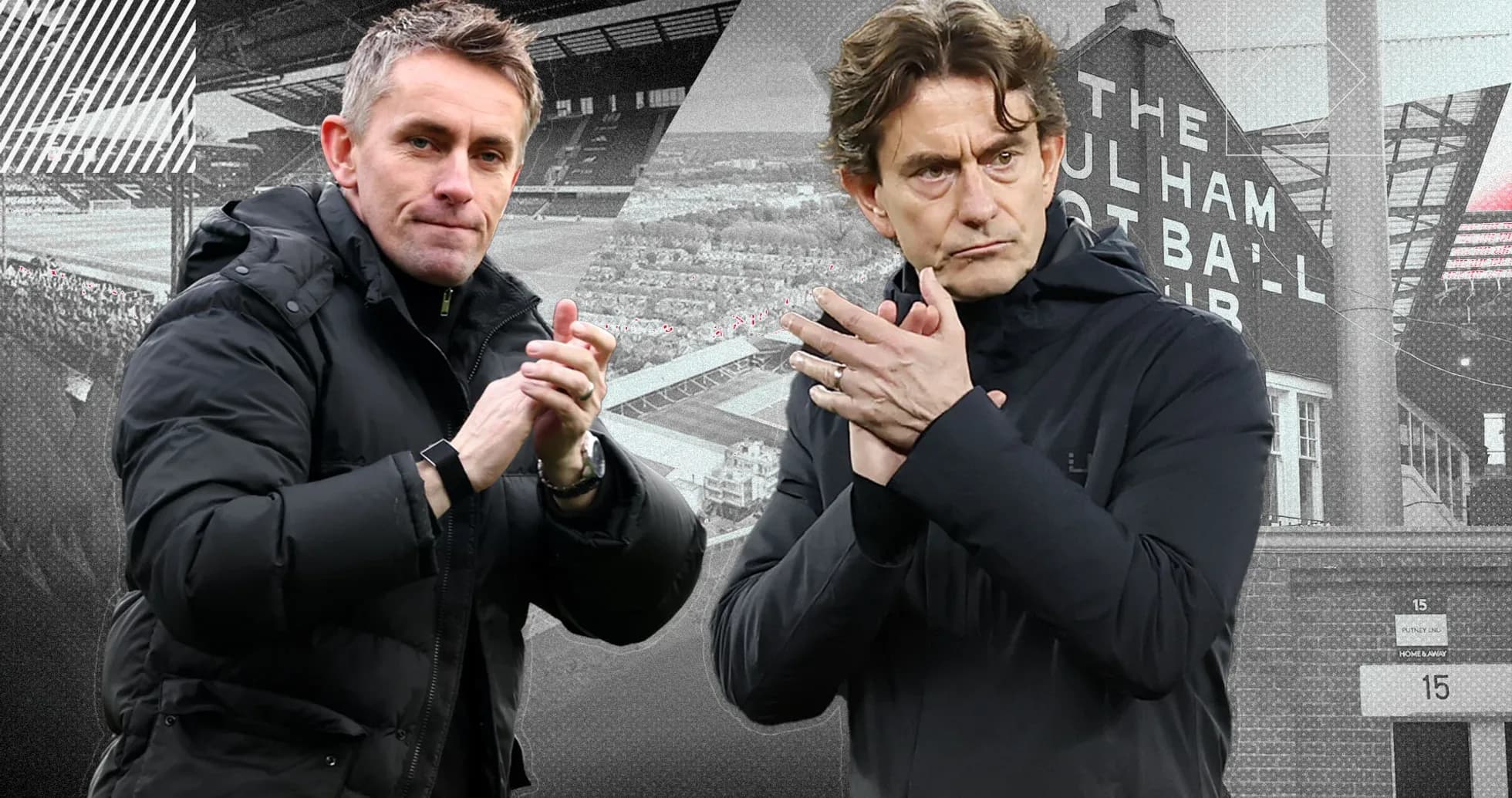 Two football managers clapping on the sidelines Two football managers clapping on the sidelines