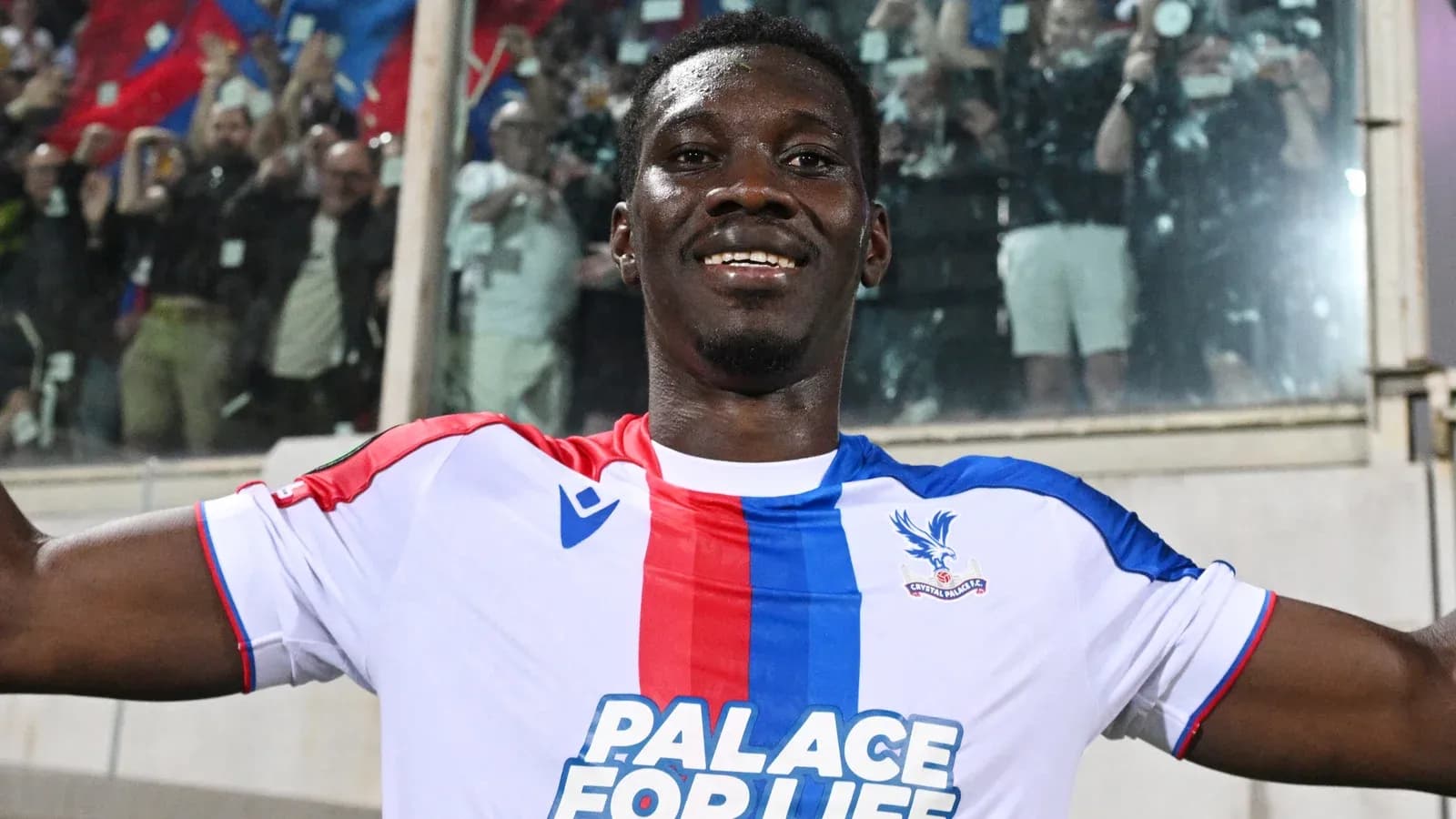 Player celebrating in Crystal Palace kit with fans Player celebrating in Crystal Palace kit with fans