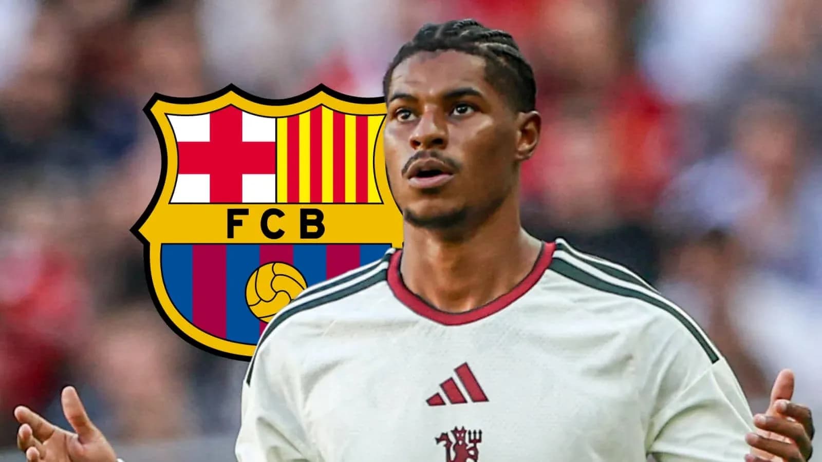 Player gesturing with Barcelona logo in background Player gesturing with Barcelona logo in background
