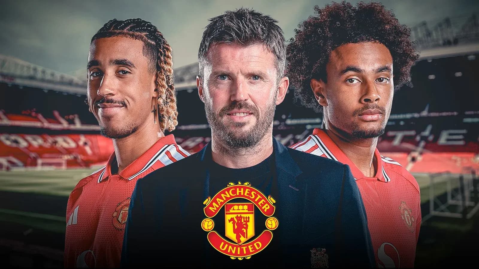 Three Manchester United players posing at Old Trafford Three Manchester United players posing at Old Trafford