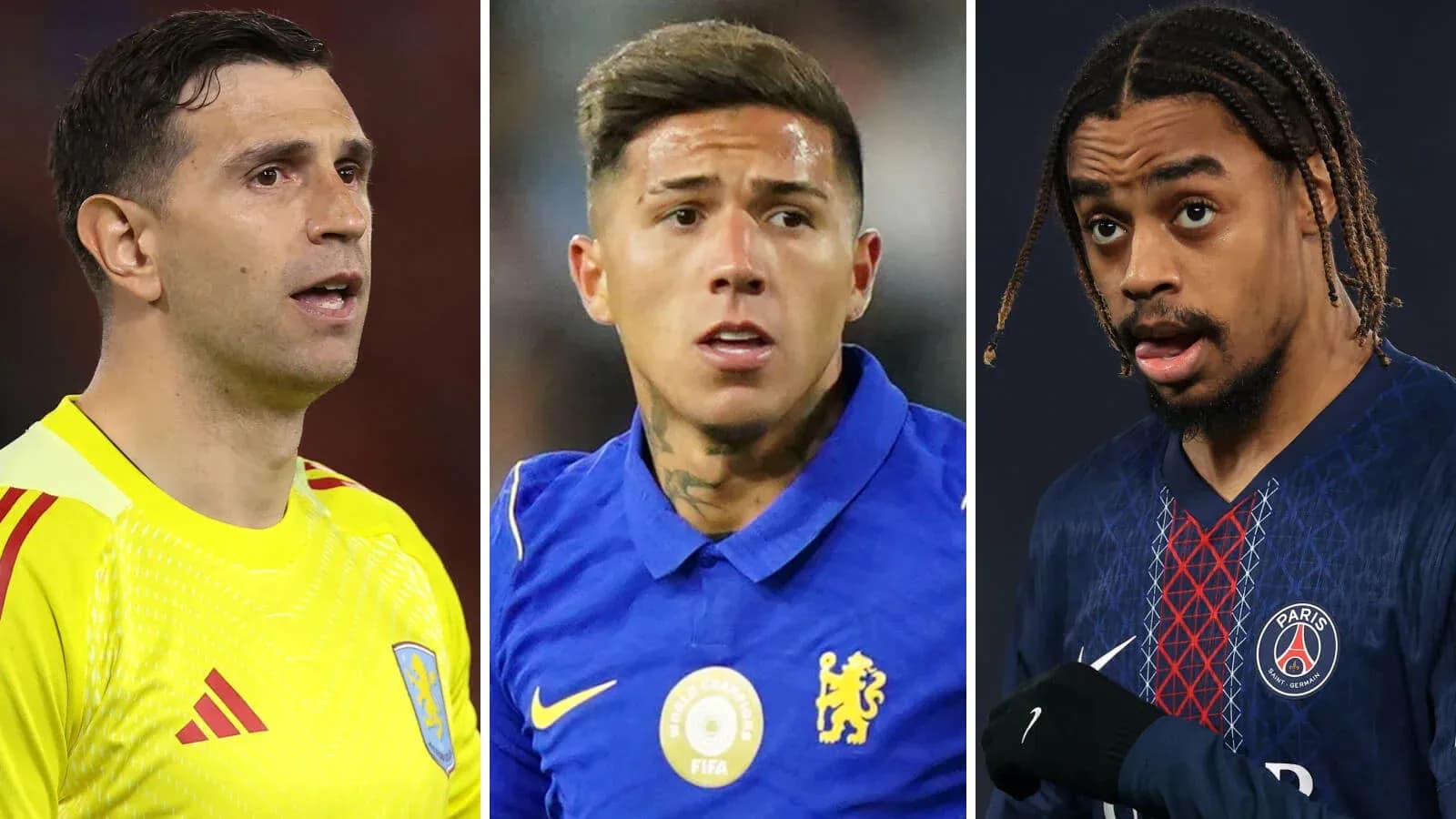 Three football players in team jerseys during match Three football players in team jerseys during match