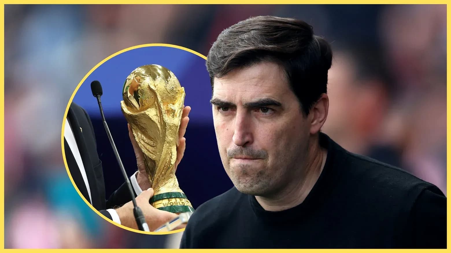 Coach with serious expression near World Cup trophy Coach with serious expression near World Cup trophy