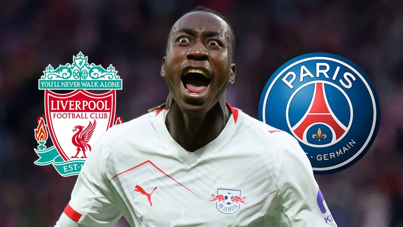 Player celebrating with Liverpool and PSG logos behind Player celebrating with Liverpool and PSG logos behind
