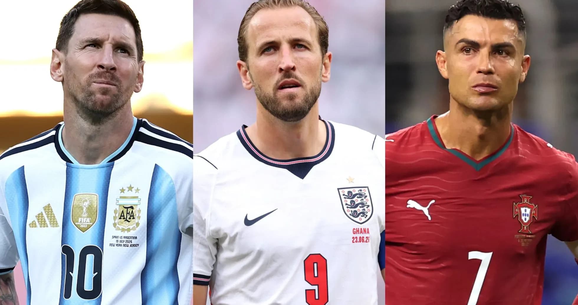 Messi, Kane, and Ronaldo in their national jerseys Messi, Kane, and Ronaldo in their national jerseys