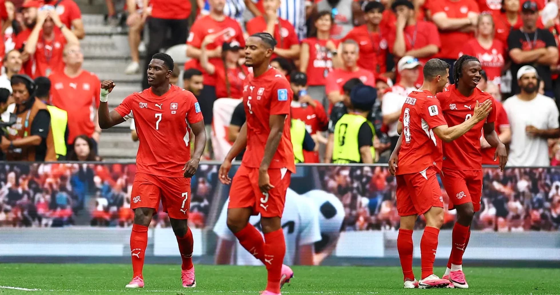 Switzerland players celebrating during match Switzerland players celebrating during match