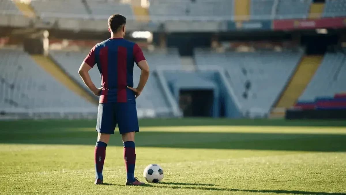 Player in Barcelona kit standing near soccer ball Player in Barcelona kit standing near soccer ball