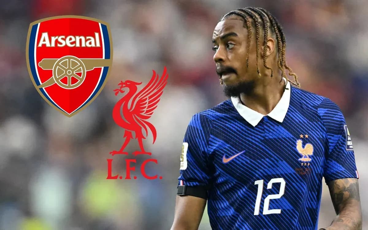 Player in France kit with Arsenal and Liverpool logos Player in France kit with Arsenal and Liverpool logos
