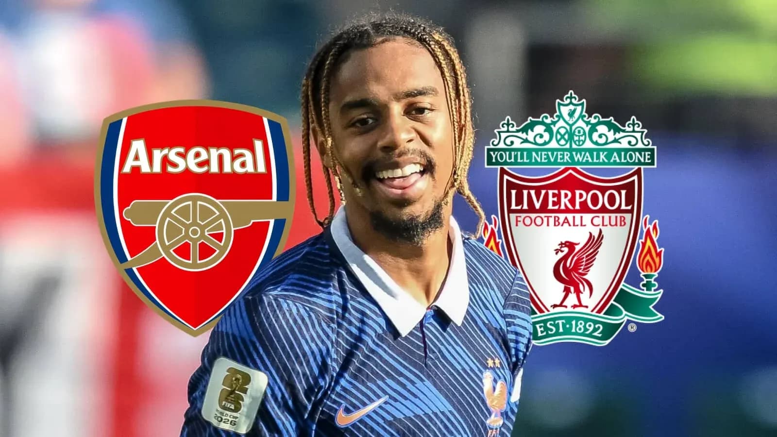 Player smiling with Arsenal and Liverpool logos behind Player smiling with Arsenal and Liverpool logos behind
