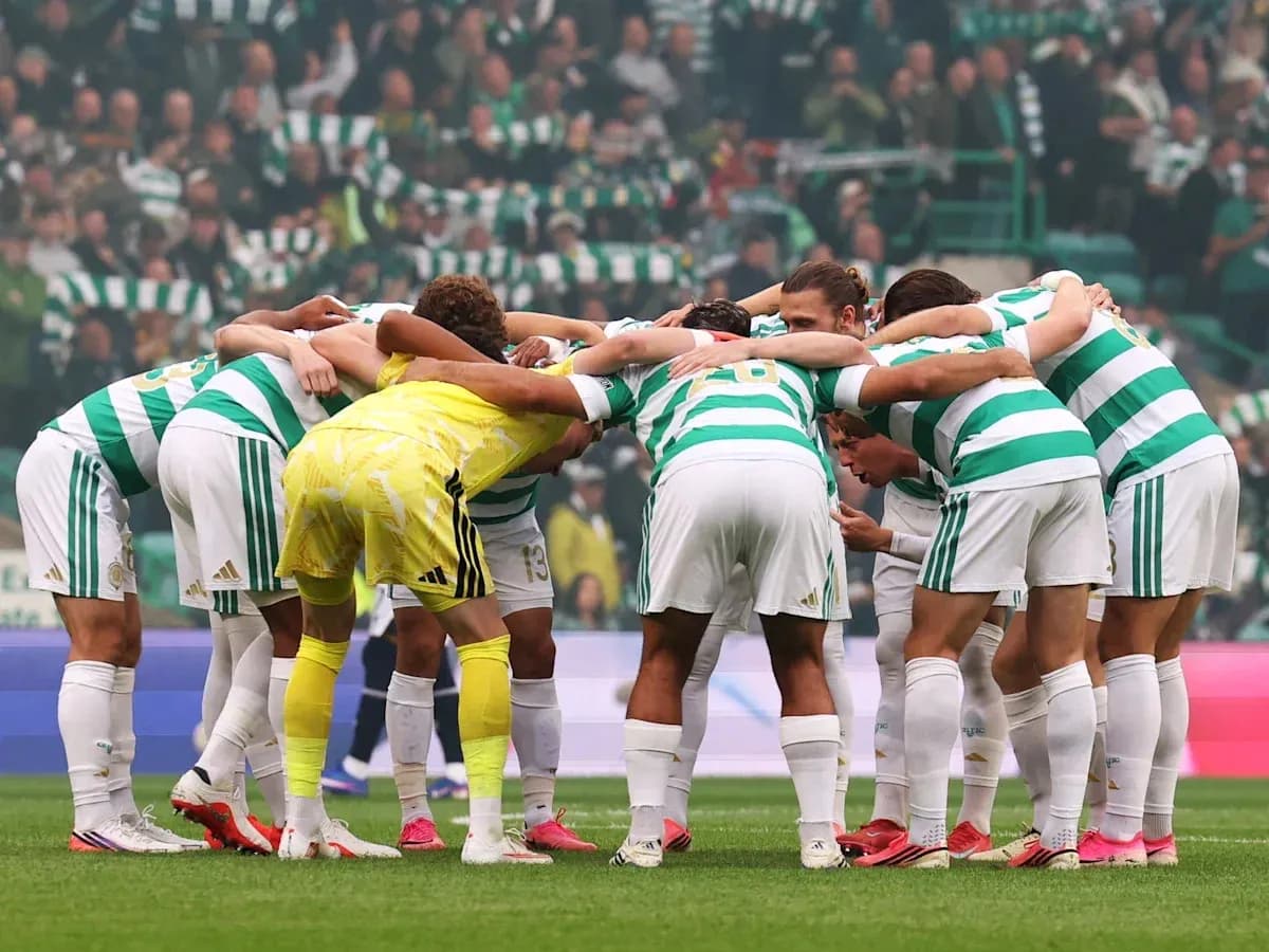 Celtic players huddled together before match Celtic players huddled together before match