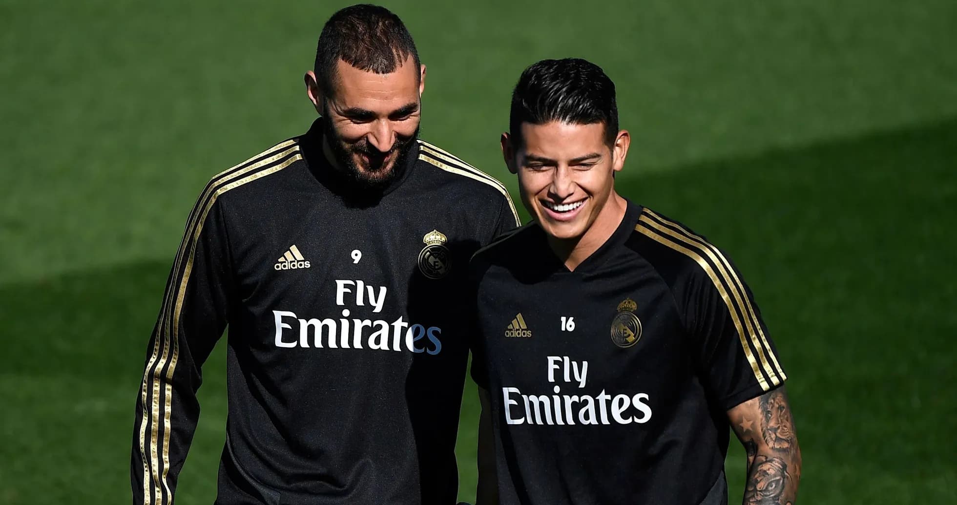 Benzema and James smiling during training session Benzema and James smiling during training session
