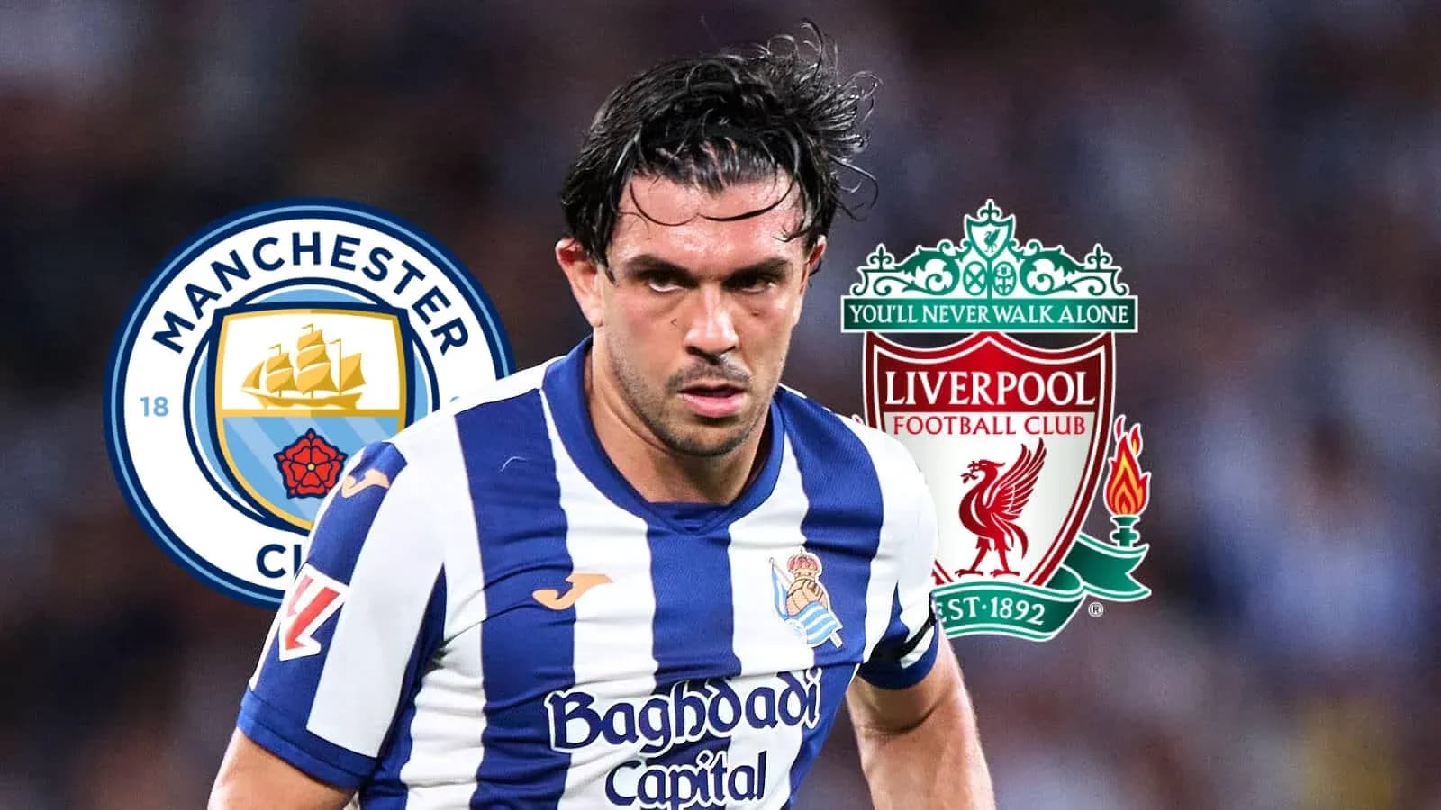 Player in action with team logos of Manchester City and Liverpool Player in action with team logos of Manchester City and Liverpool