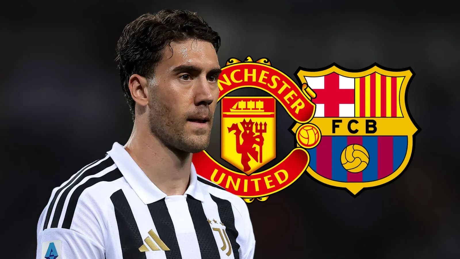 Player in Juventus kit with Manchester United and Barcelona logos Player in Juventus kit with Manchester United and Barcelona logos