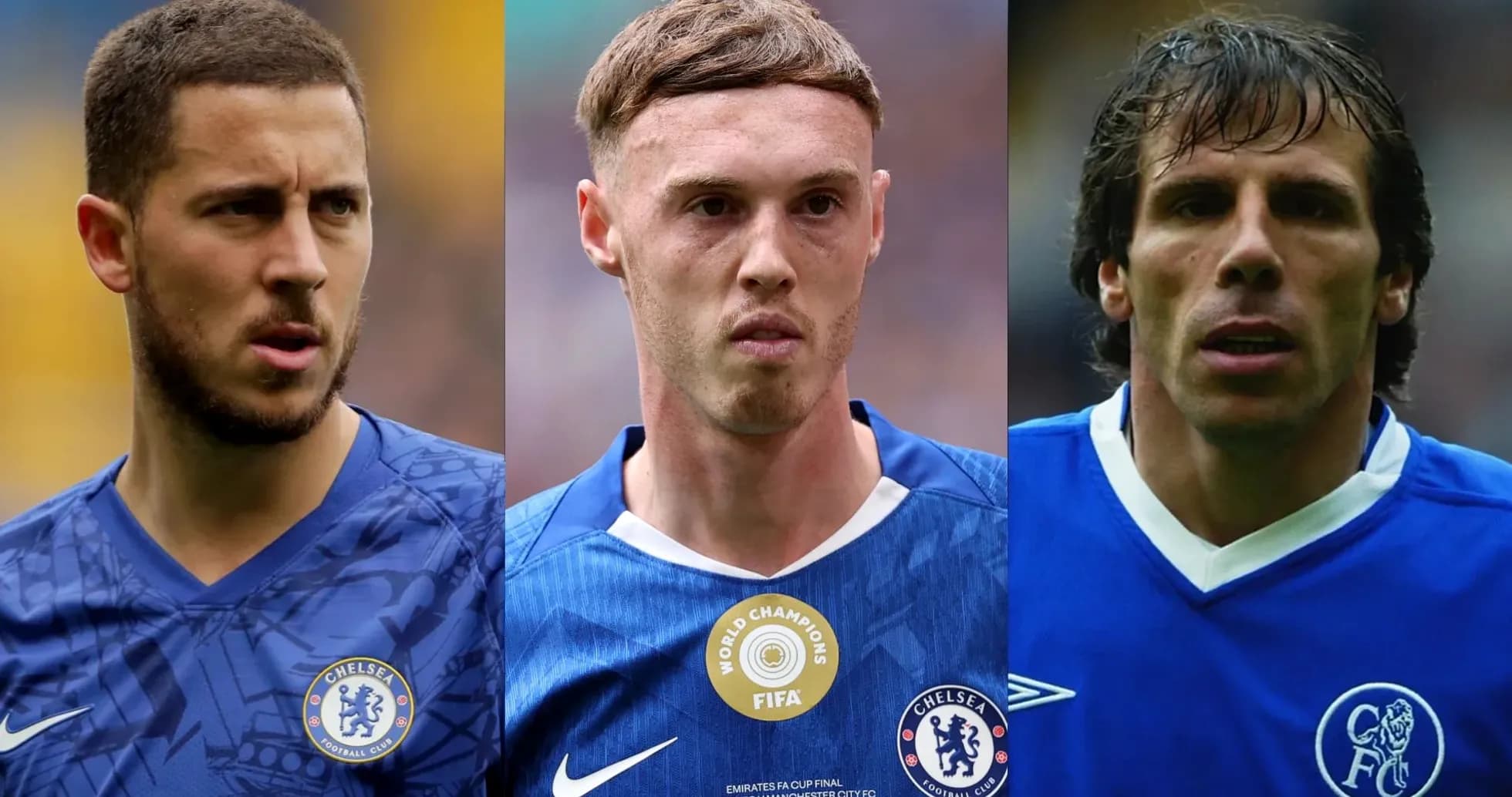 Three Chelsea players in blue kits, serious expressions Three Chelsea players in blue kits, serious expressions