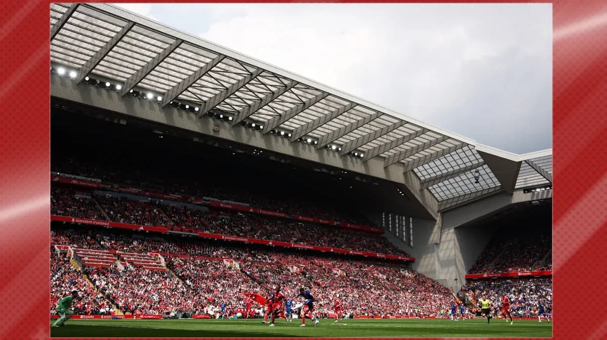 Liverpool stadium filled with fans during a match Liverpool stadium filled with fans during a match