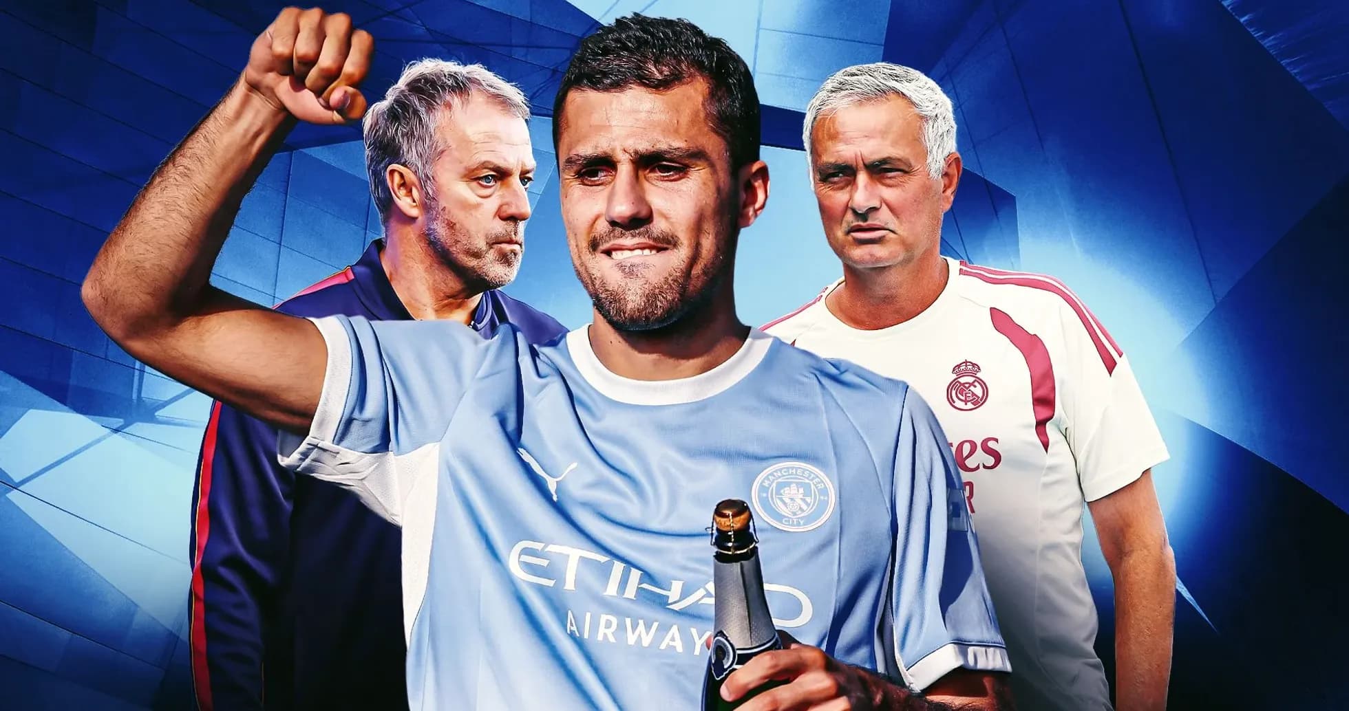 Player holding champagne with coaches in background Player holding champagne with coaches in background