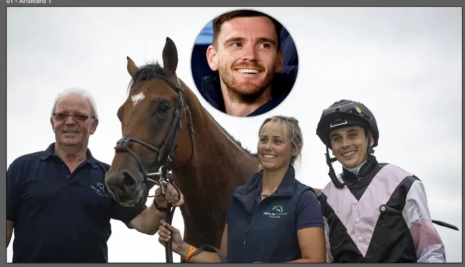 Group posing with horse at racing event Group posing with horse at racing event