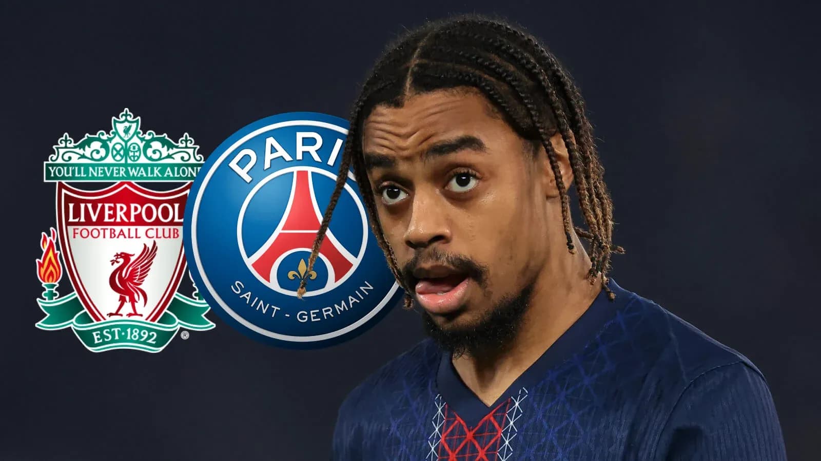 Player with Liverpool and PSG logos in background Player with Liverpool and PSG logos in background
