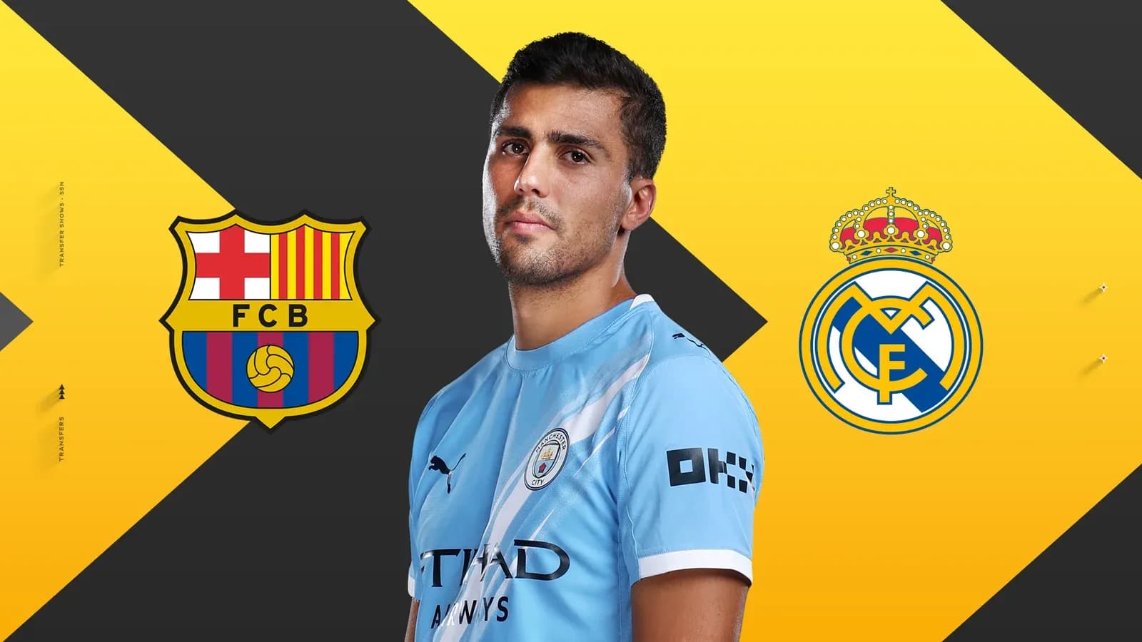 Player in Manchester City kit with rival team logos Player in Manchester City kit with rival team logos
