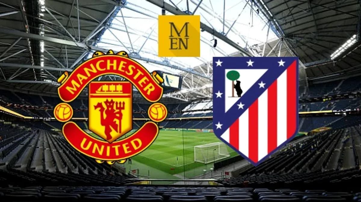 Logos of Manchester United and Atletico Madrid in stadium Logos of Manchester United and Atletico Madrid in stadium