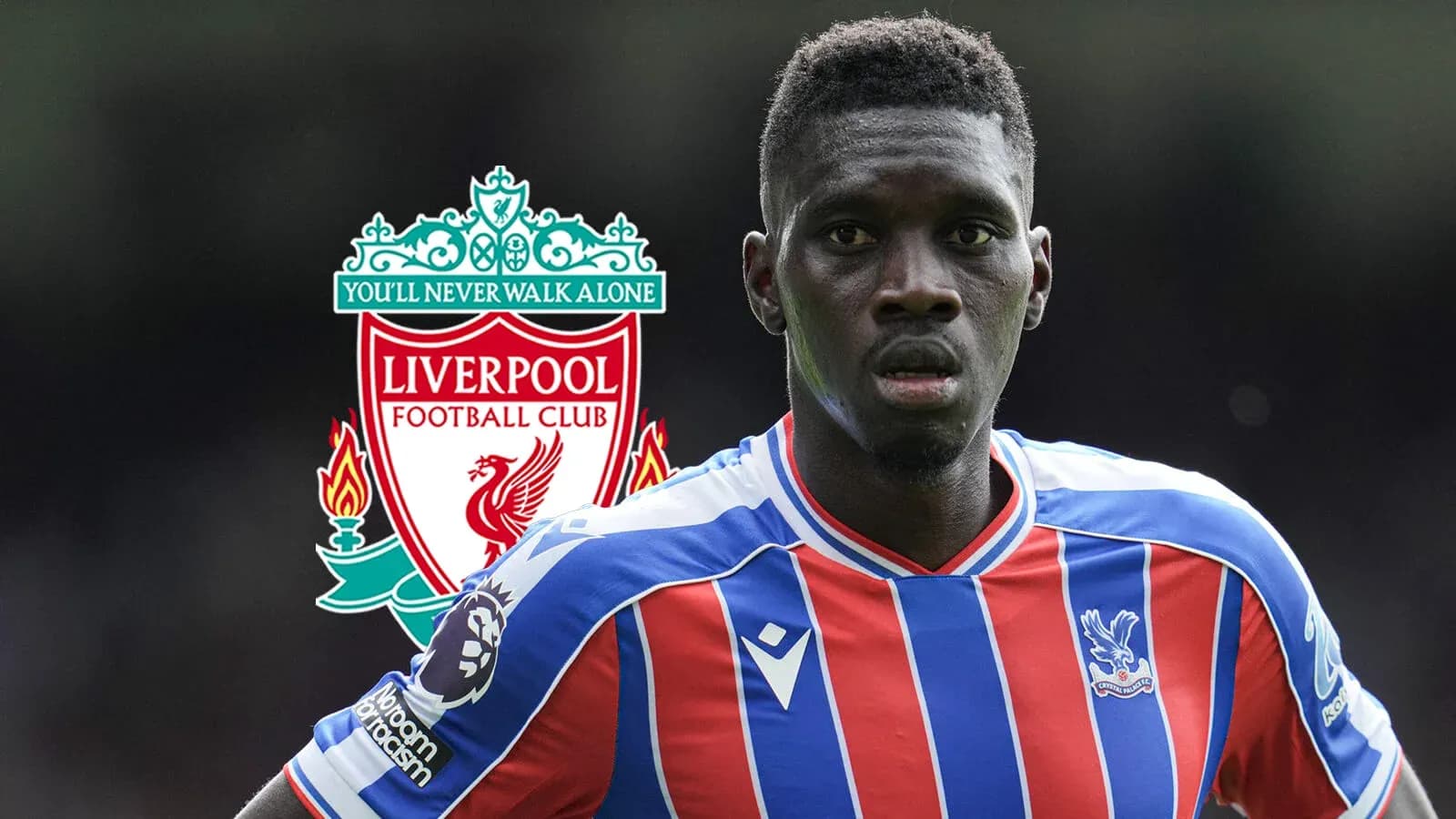 Player in Crystal Palace kit with Liverpool logo background Player in Crystal Palace kit with Liverpool logo background