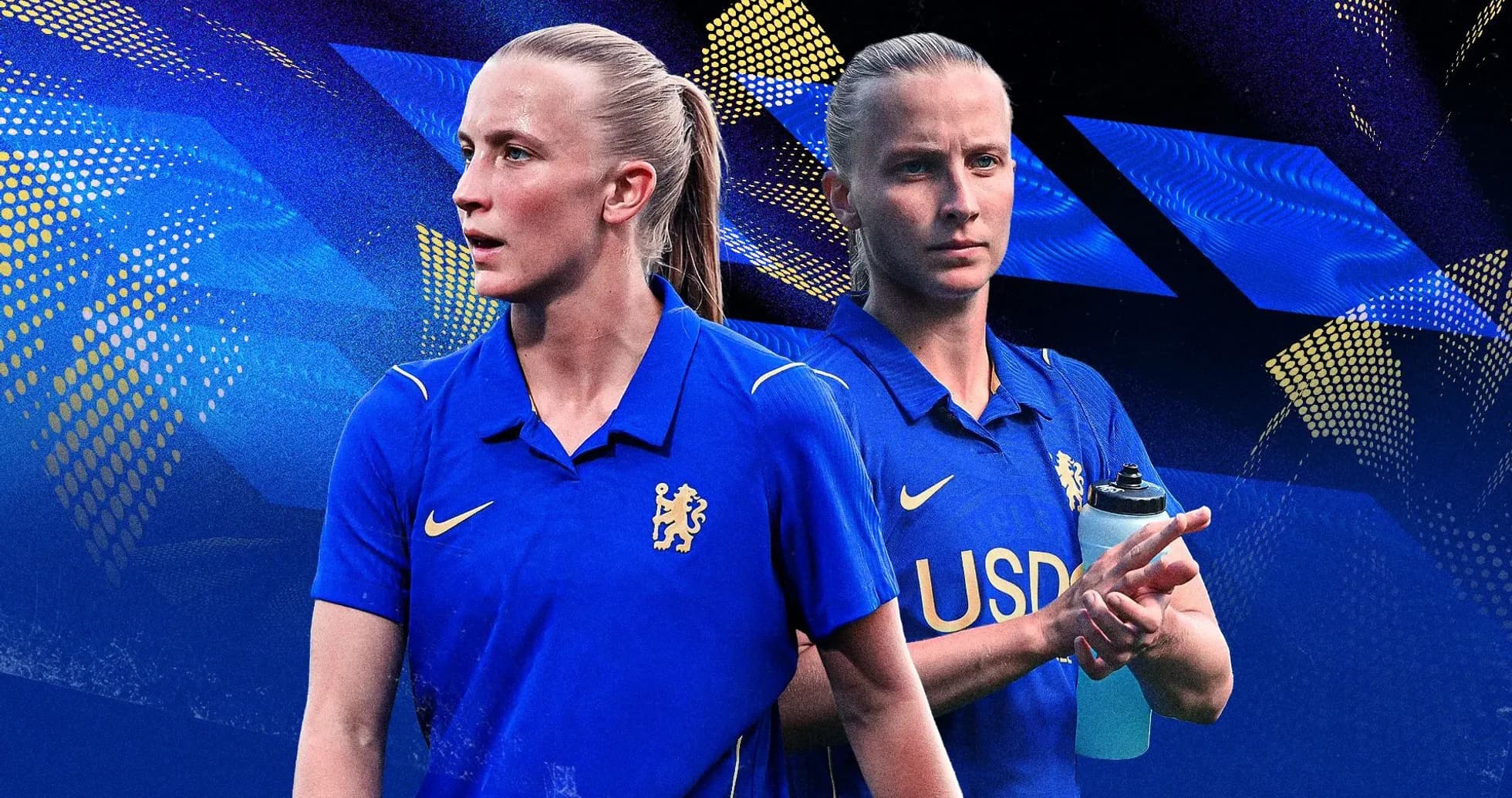 Player in blue kit with water bottle and focused expression Player in blue kit with water bottle and focused expression