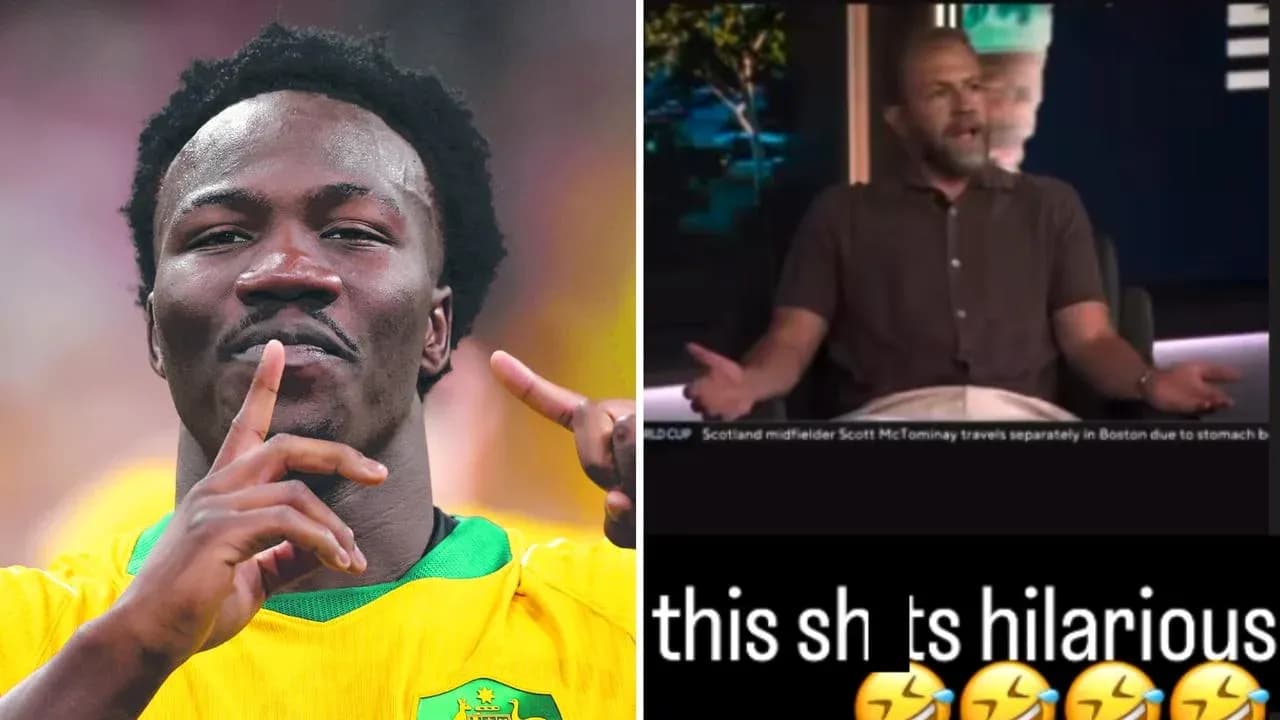 Soccer player celebrating alongside a talk show host Soccer player celebrating alongside a talk show host