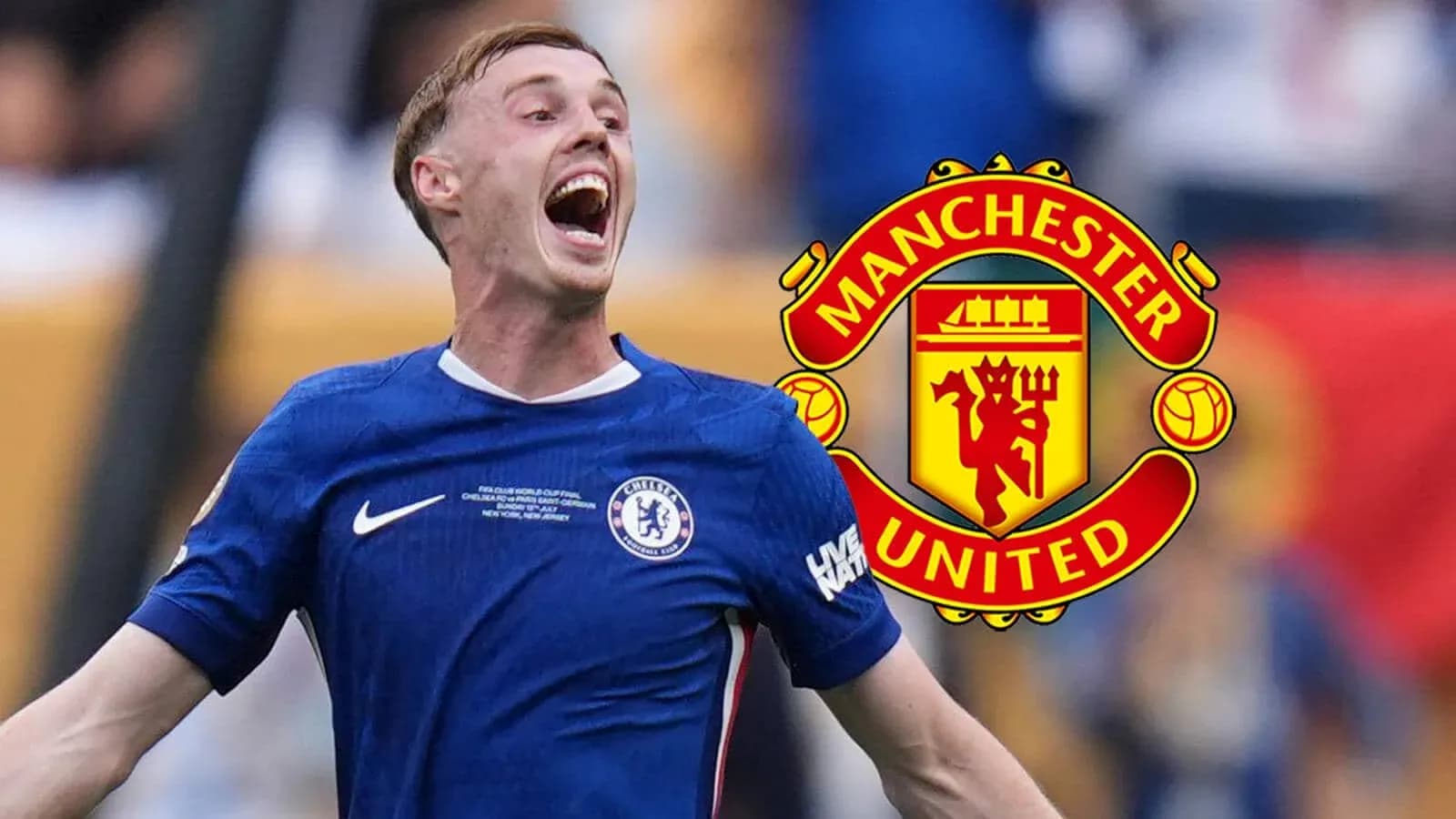 Chelsea player celebrating with Manchester United logo Chelsea player celebrating with Manchester United logo