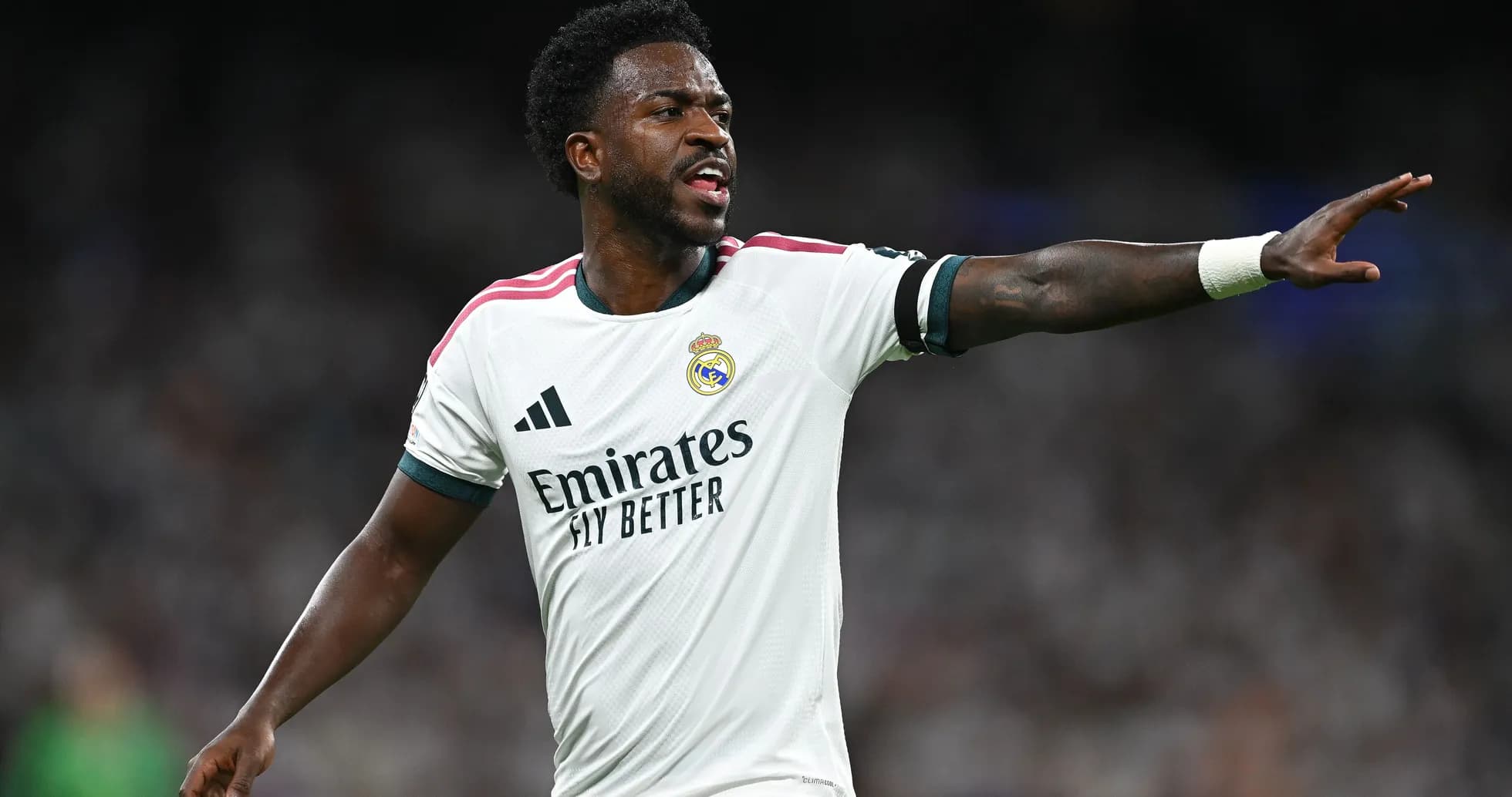 Player gesturing during match in Real Madrid jersey Player gesturing during match in Real Madrid jersey