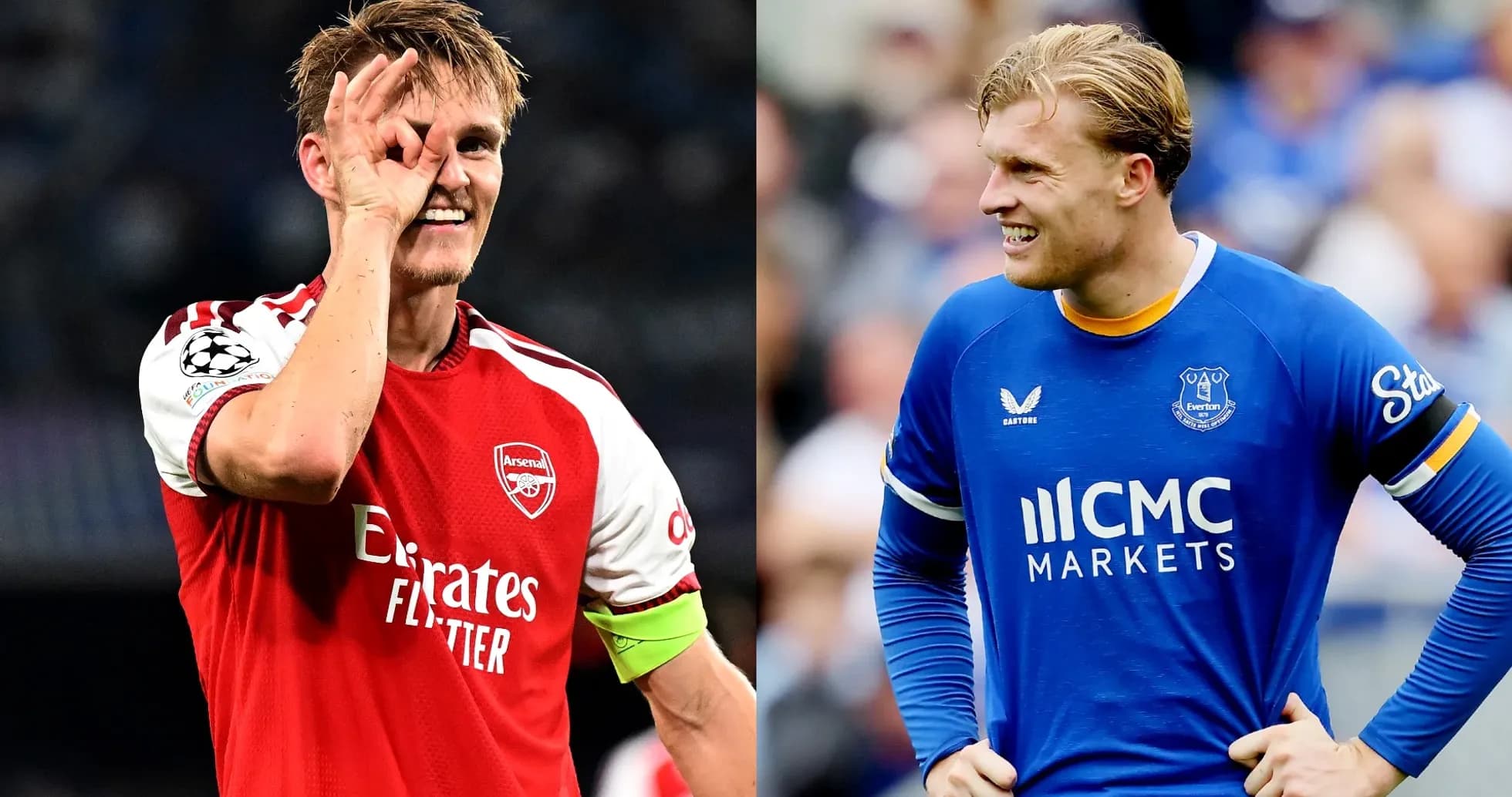 Arsenal and Everton players smiling during match Arsenal and Everton players smiling during match