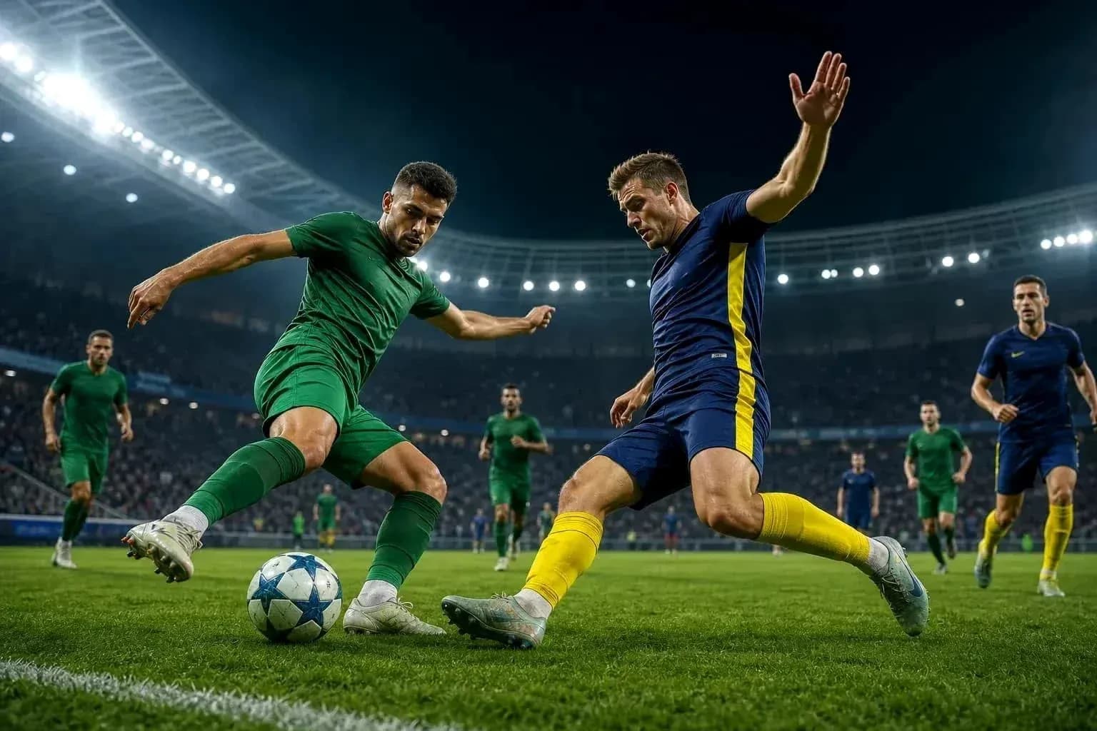 Players contesting the ball during UEFA match Players contesting the ball during UEFA match