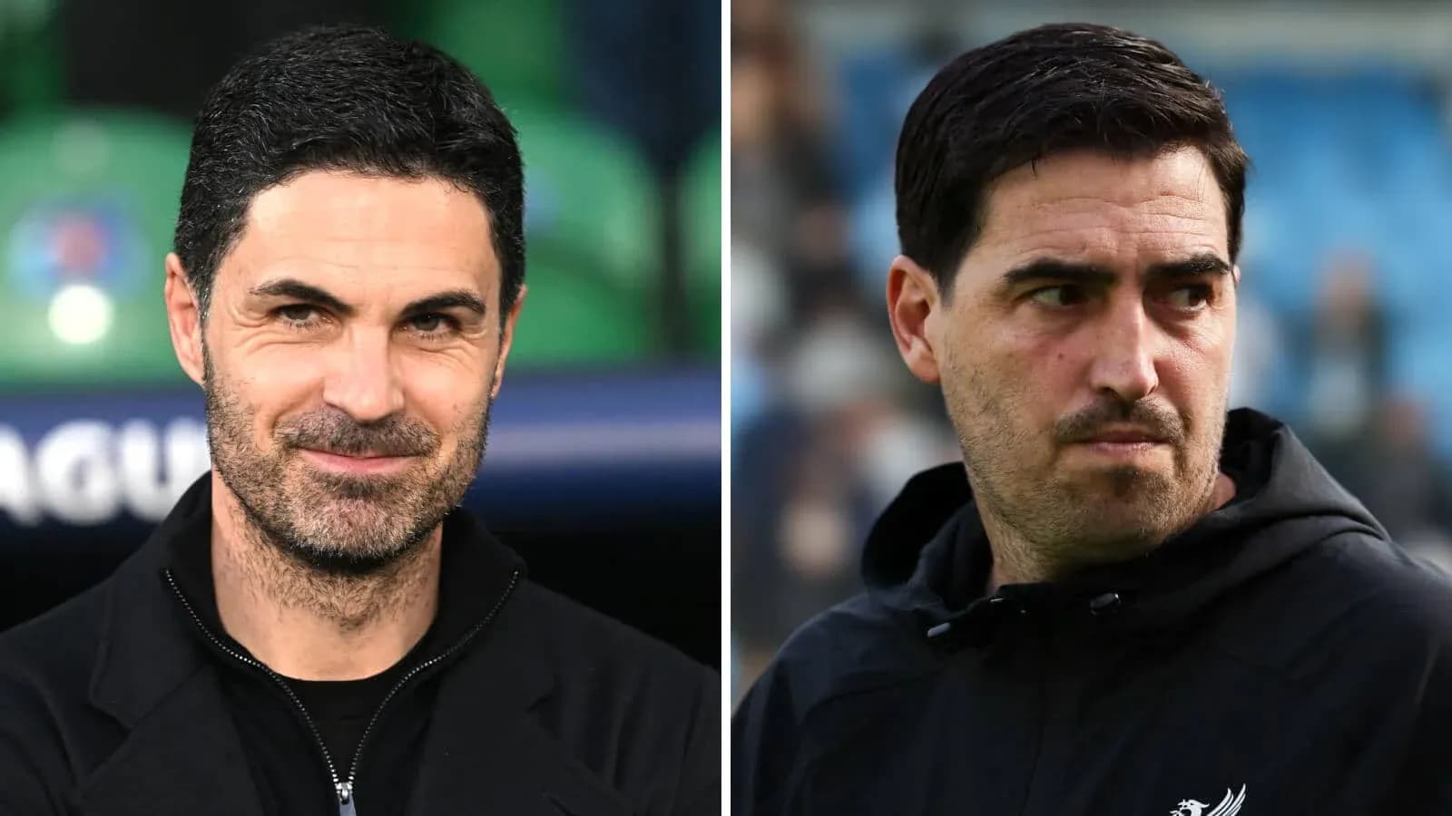 Two football managers on the sidelines during a match Two football managers on the sidelines during a match