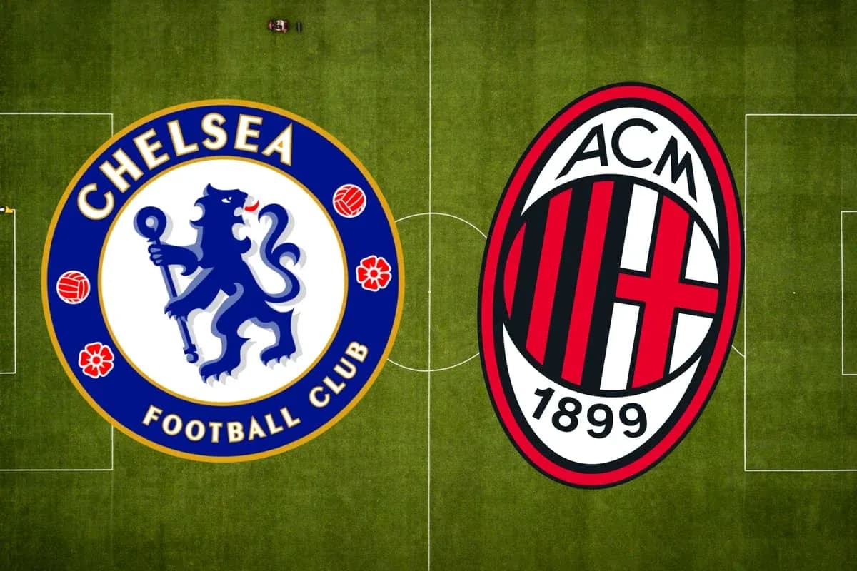 Chelsea and AC Milan logos on football pitch Chelsea and AC Milan logos on football pitch