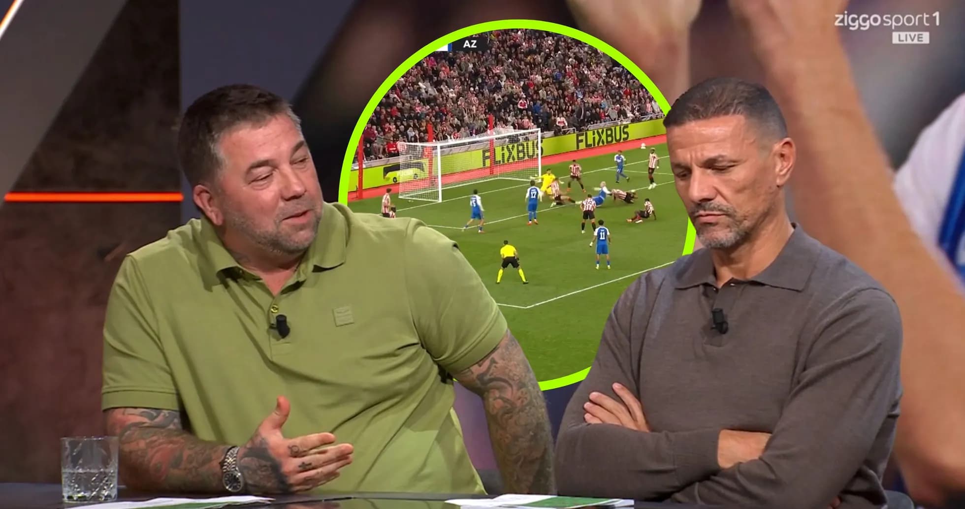 Analysts discussing match highlights on a studio set Analysts discussing match highlights on a studio set