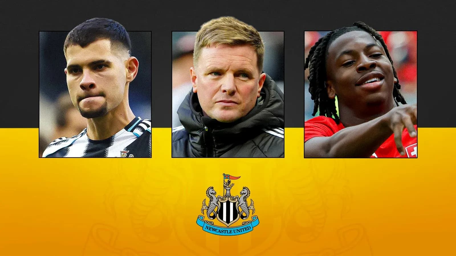 Three Newcastle United players and manager in montage Three Newcastle United players and manager in montage