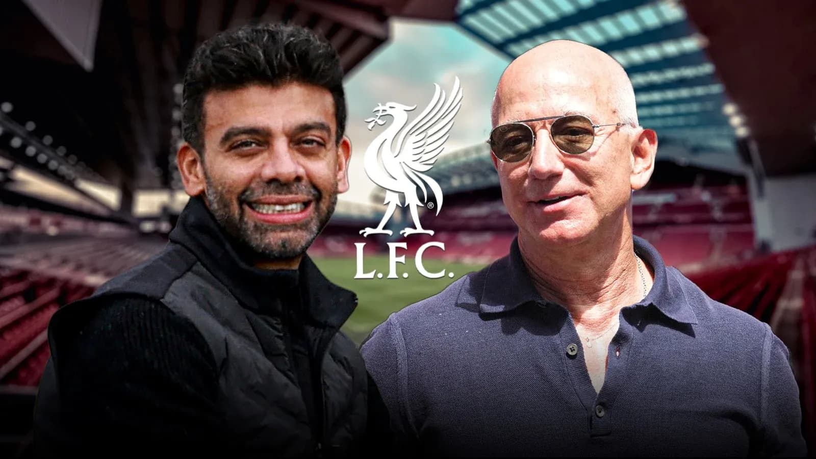 Two men posing at Liverpool FC stadium backdrop Two men posing at Liverpool FC stadium backdrop