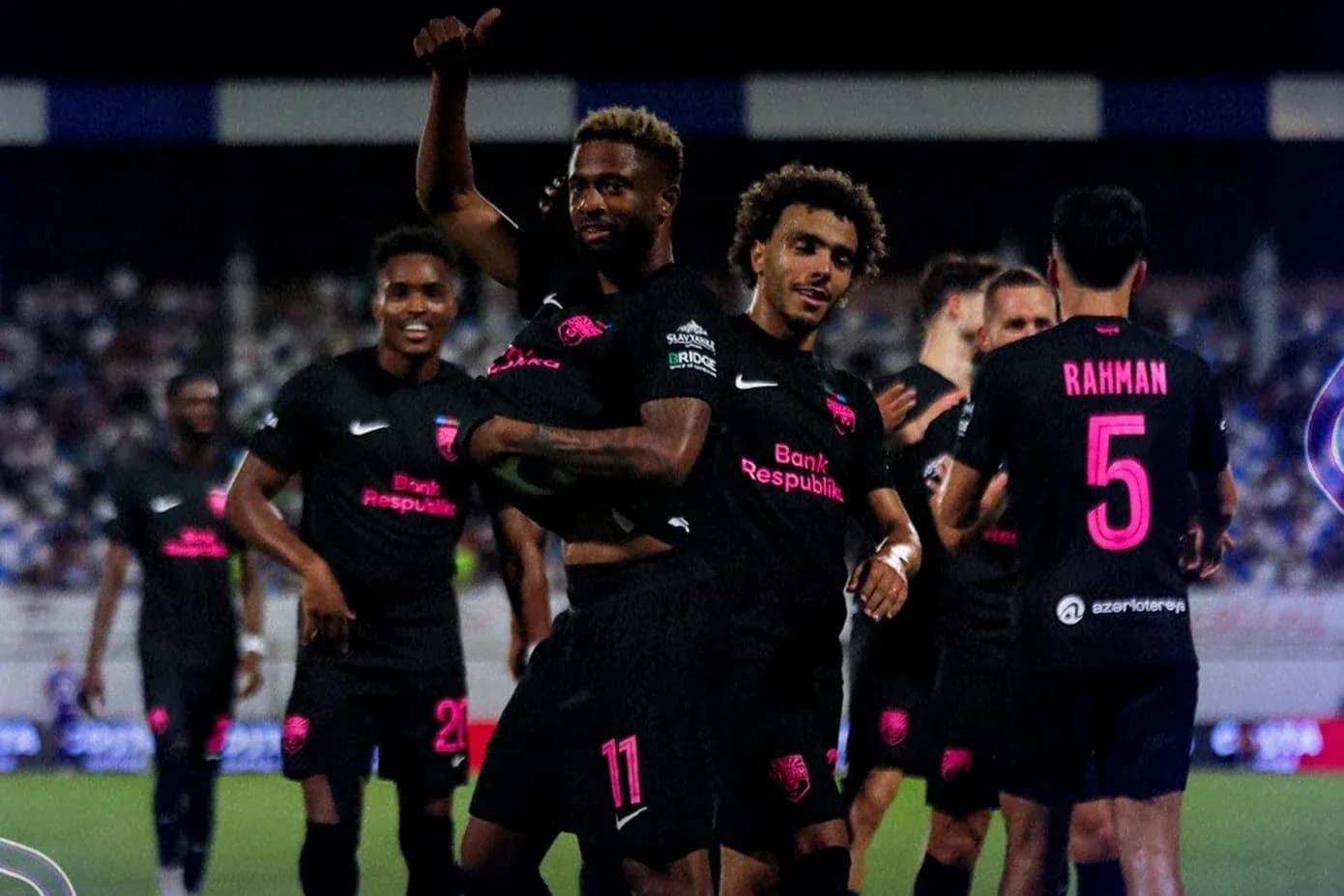 Players celebrating a goal during the match Players celebrating a goal during the match
