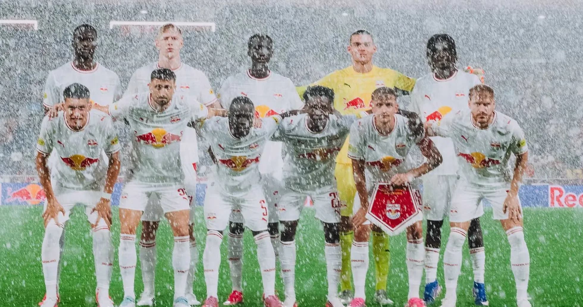 Red Bull Salzburg team posing in rain Red Bull Salzburg team posing in rain