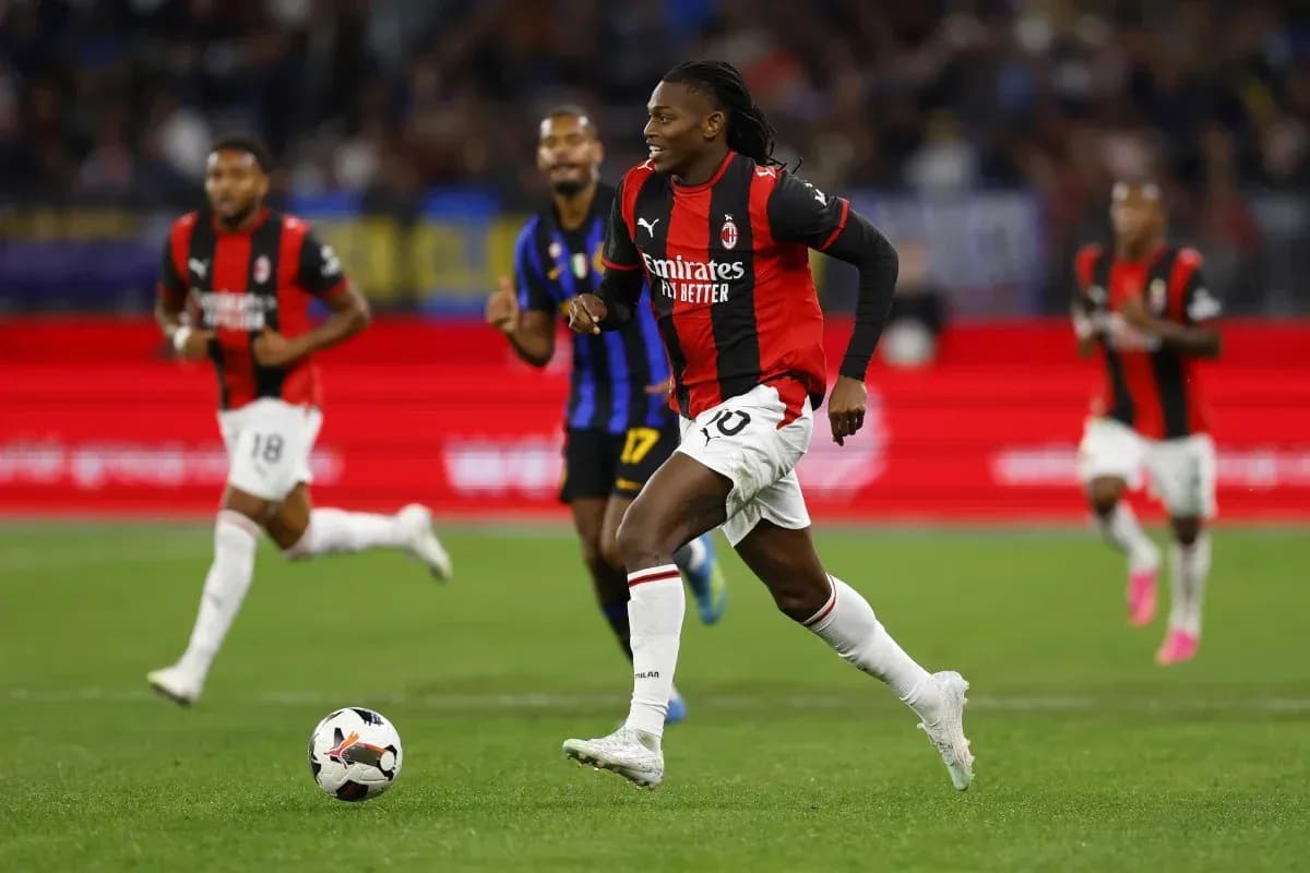 AC Milan player dribbling past opponents on field AC Milan player dribbling past opponents on field