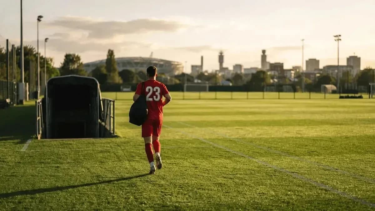Player in red jersey walking off training pitch Player in red jersey walking off training pitch