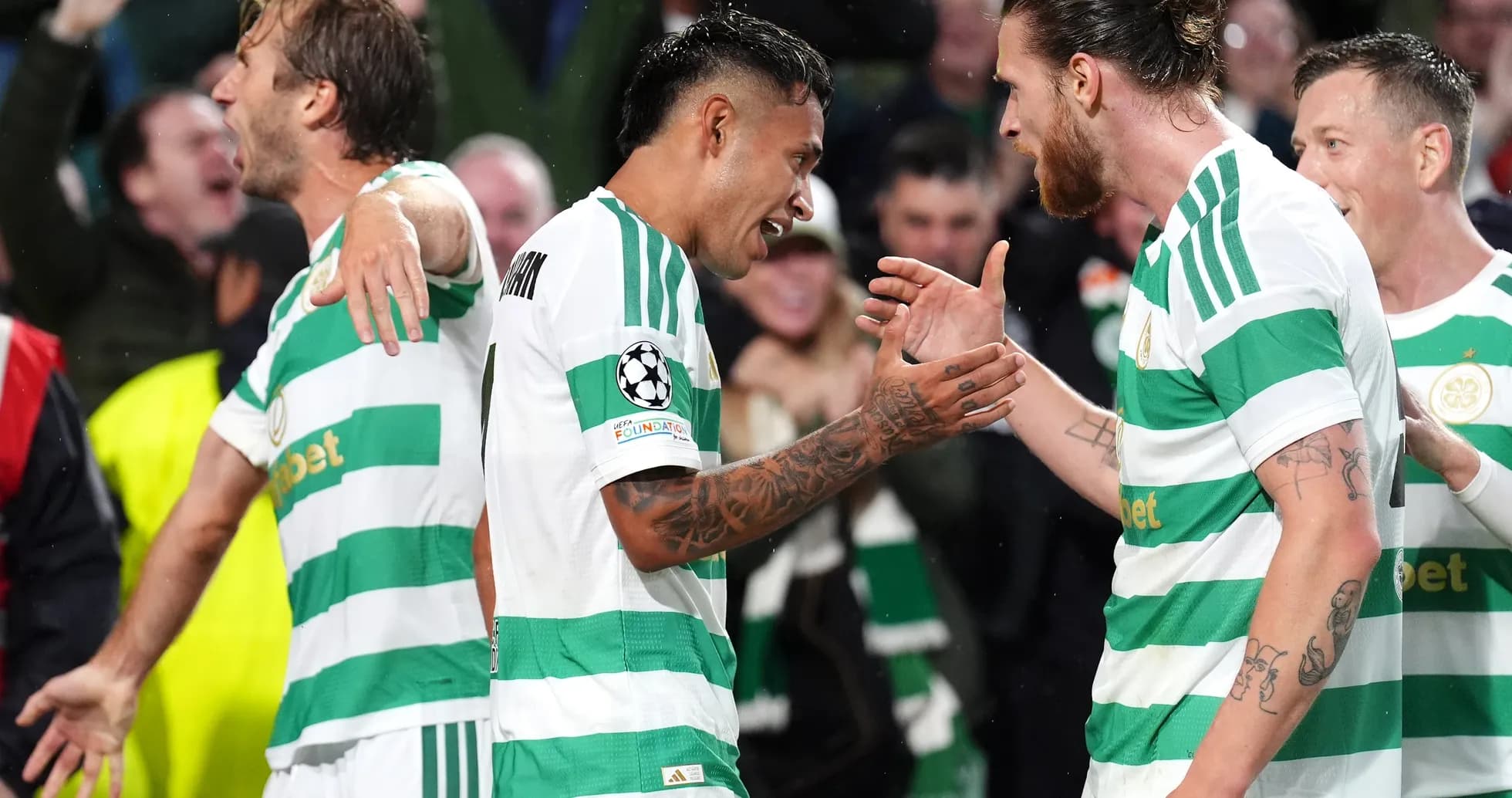 Celtic players celebrating during UEFA Champions League match Celtic players celebrating during UEFA Champions League match