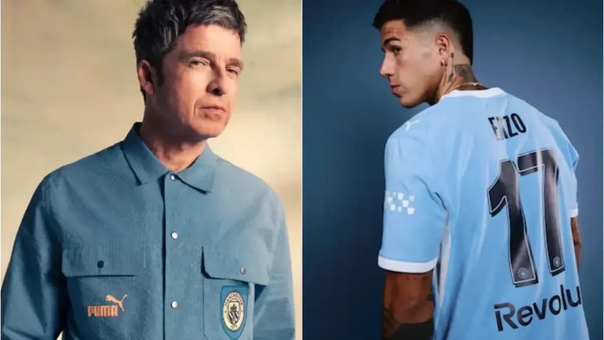Two men: one in Puma shirt, one in football jersey Two men: one in Puma shirt, one in football jersey
